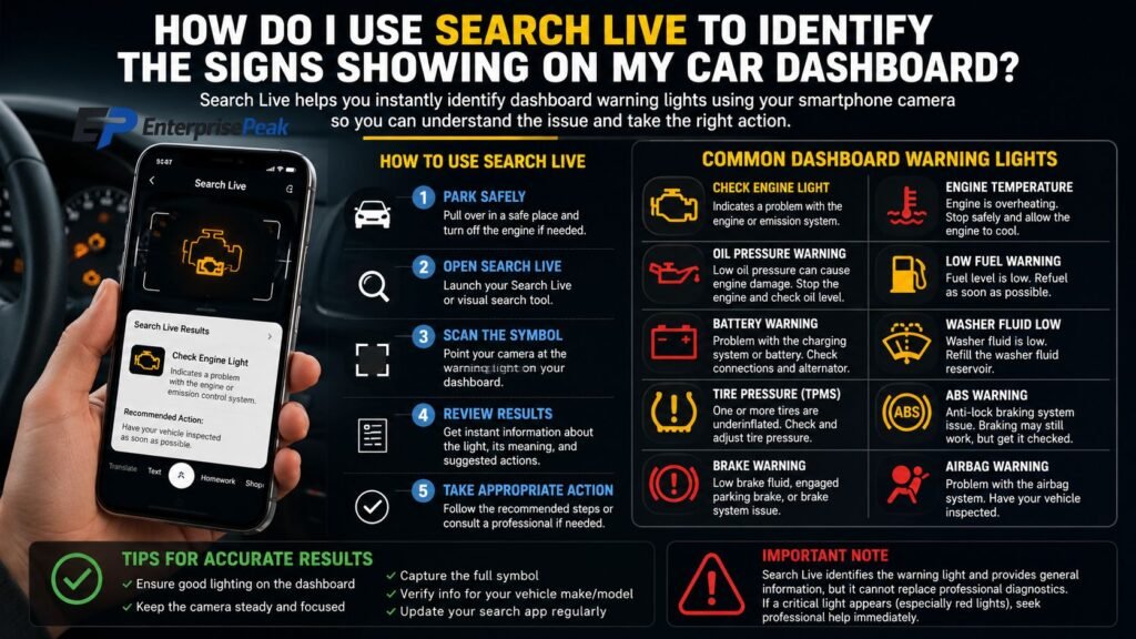 how do i use search live to identify the signs showing on my car dashboard?