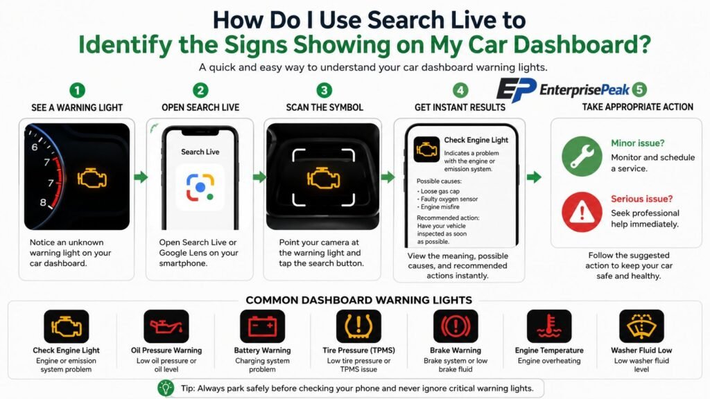 how do i use search live to identify the signs showing on my car dashboard?